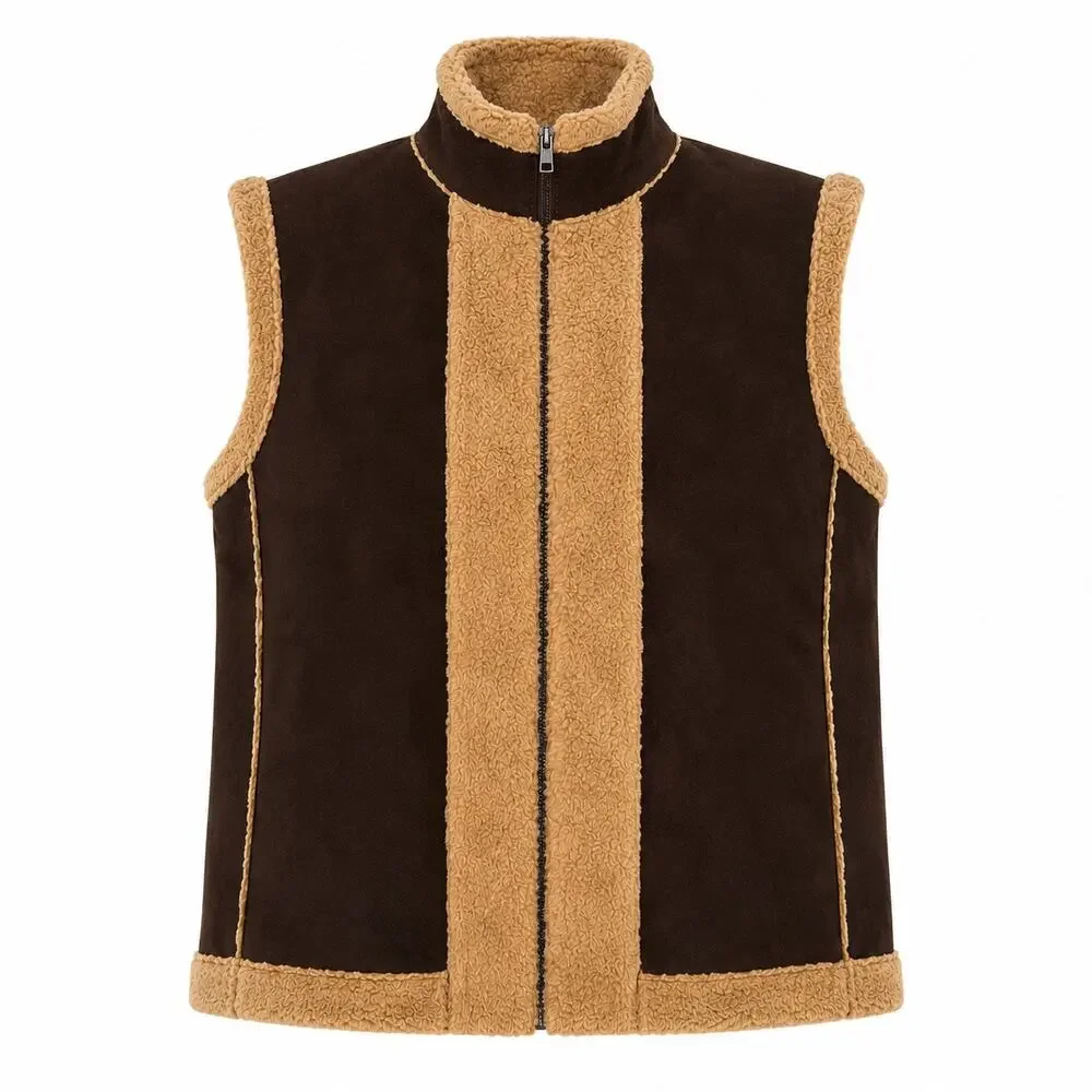 Tasha Polizzi Vest Size L Brown Faux Suede/Fur Full Zip Festival Boho Vintage